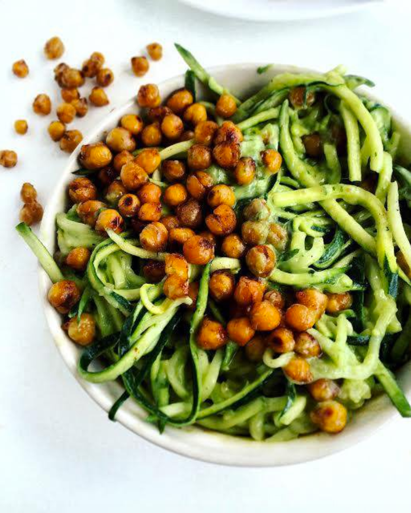 SWEET & SPICY CHICKPEAS WITH AVOCADO PESTO ZOODLES